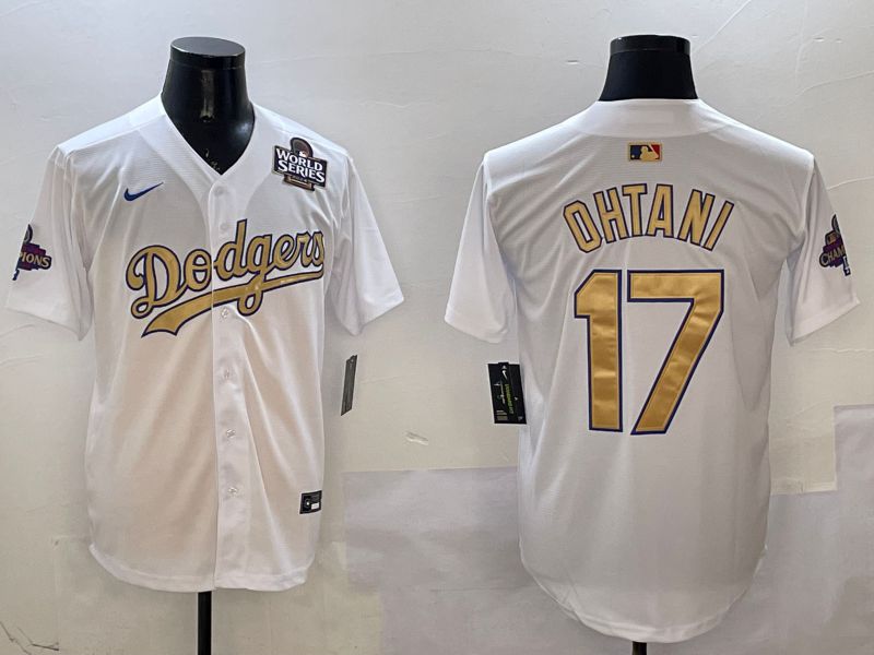 Men Los Angeles Dodgers 17 Ohtani White Champion gold character 2025 Nike MLB Jersey style 21